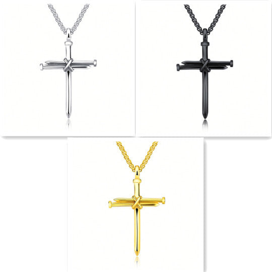 Steel Gold Black Color Fashion Mens Iron Nail Cross Pendant Necklace Stainless Steel 3mm Round Box Chain Jewelry Gift For Men