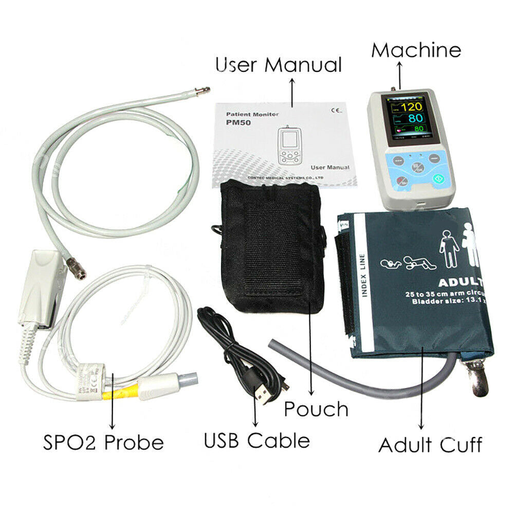 CONTEC PM50 24 Hours Ambulatory Blood Pressure Monitor SPO2 Probe Pulse Rate NIBP Recorder Software USB Data Store