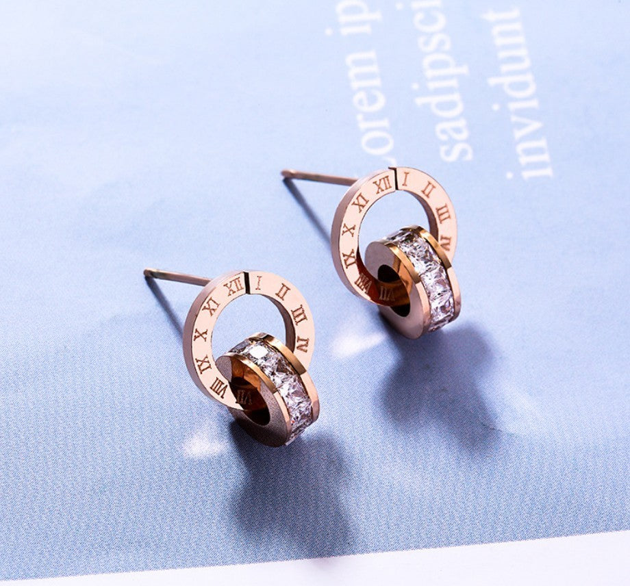 Stainless Steel Rose Gold Double Ring Stud Earrings