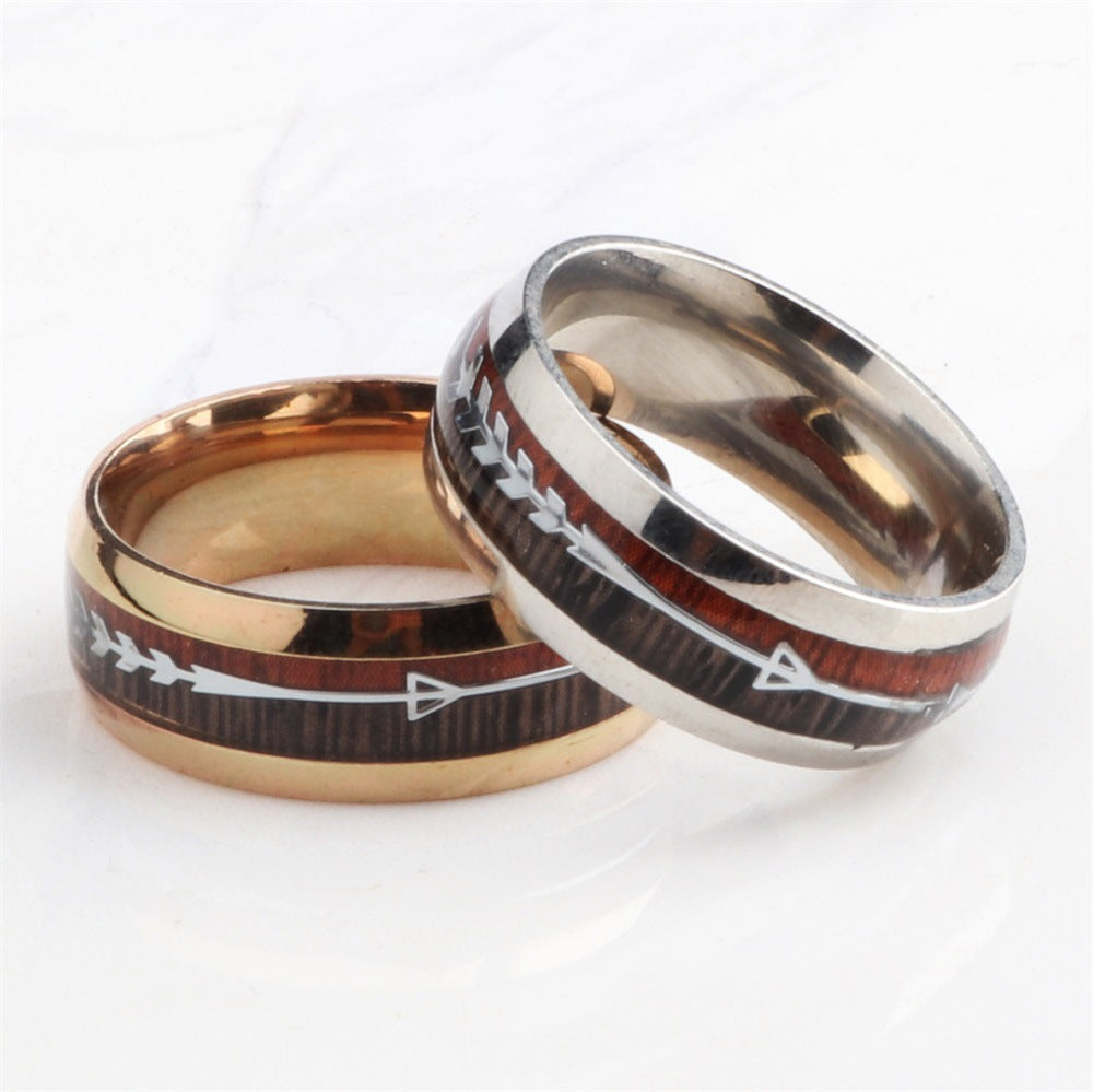 Stainless Steel Wood Grain Arrow Inlaid Ring