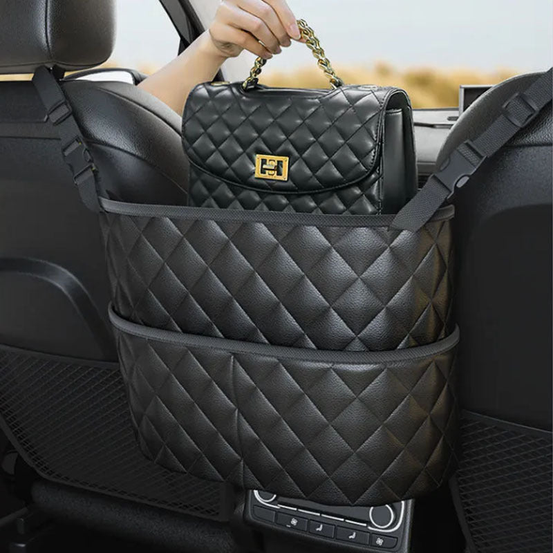 Car Net Pocket Handbag Holder, Seat Organizer PU Leather Pocket, Large Capacity Storage Bag For Purse Purse Holder For Car Between Seats,  Car Back Leather Back Organizer Mesh Large Capacity Bag