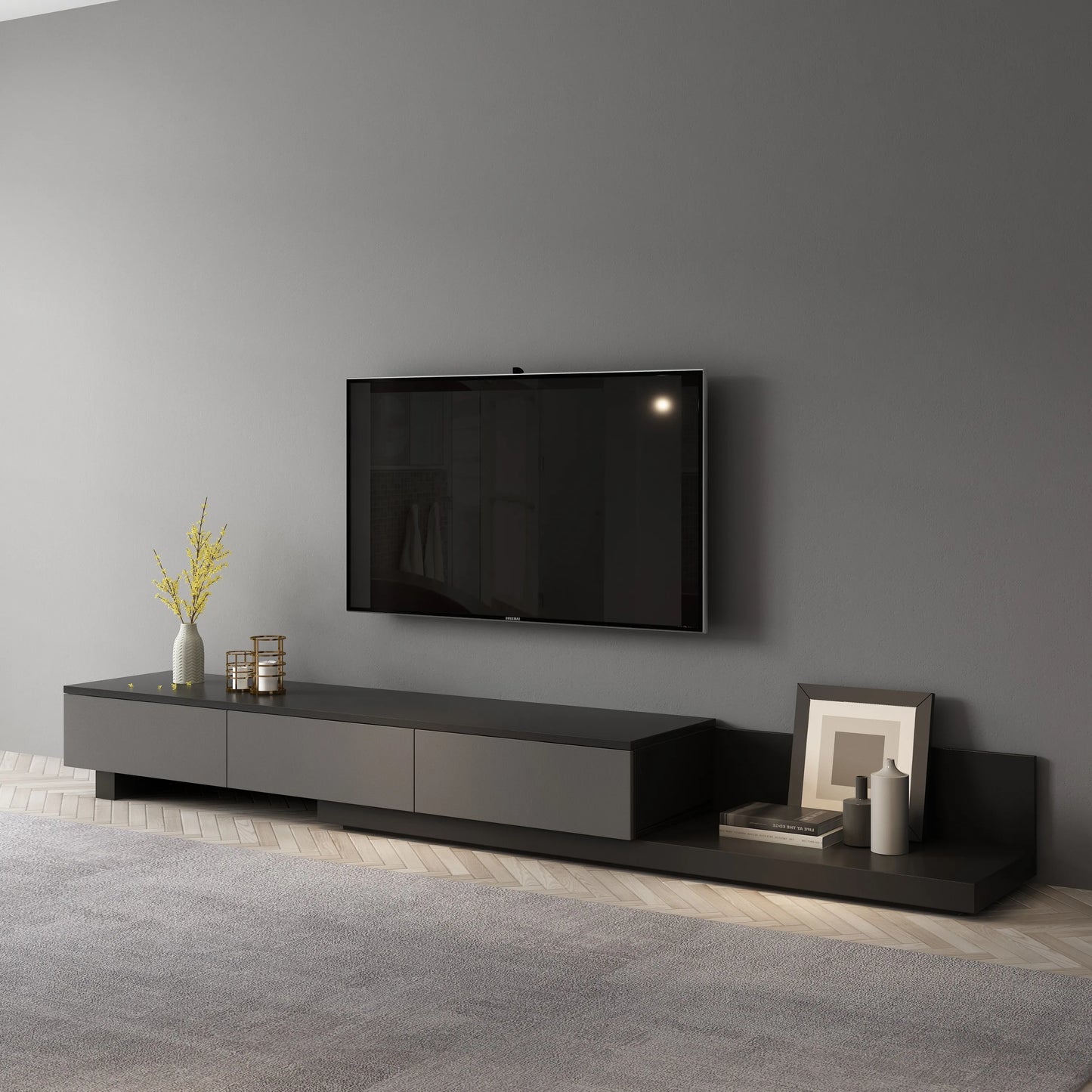 Luxury Lightweight Minimalist TV Stand with Open Storage Shelves, Cabinets and Drawers, Entertainment Center