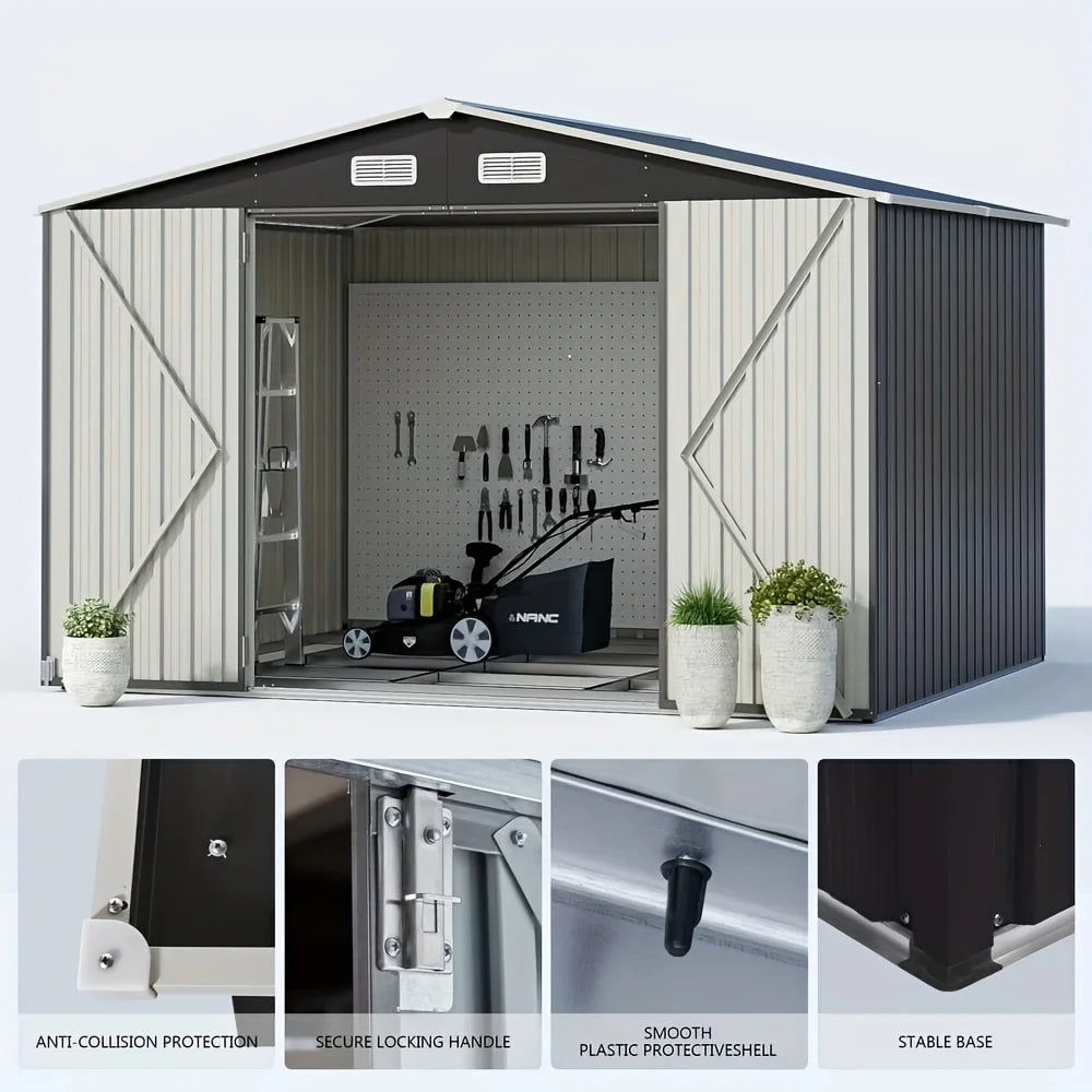 Set, 9 Ft W X 7.5 Ft. D Black Metal Storage Shed With Lockable Door And Vents For Tool, Garden, Bike (67 Sq. Ft.)