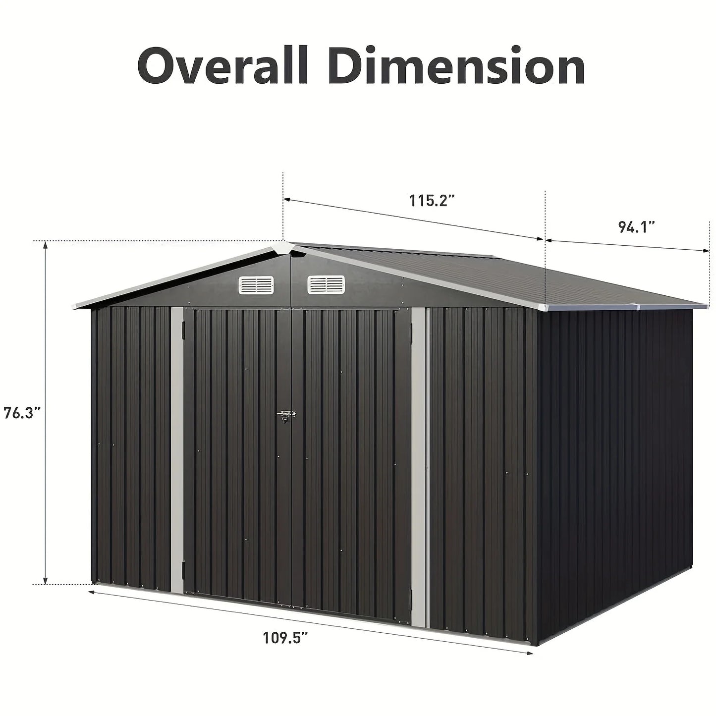 Set, 9 Ft W X 7.5 Ft. D Black Metal Storage Shed With Lockable Door And Vents For Tool, Garden, Bike (67 Sq. Ft.)