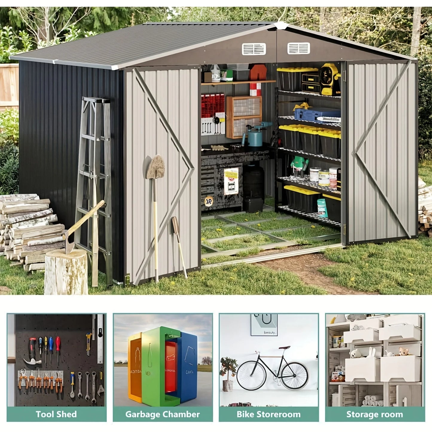 Set, 9 Ft W X 7.5 Ft. D Black Metal Storage Shed With Lockable Door And Vents For Tool, Garden, Bike (67 Sq. Ft.)