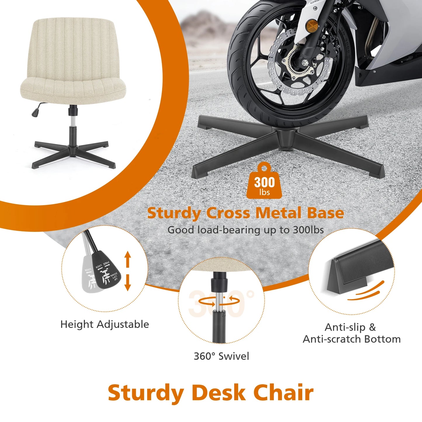 JHK Cross Legged Office Chair Armless Wide Desk Chair with Dual-Purpose Base Adjustable Swivel Fabric Task Vanity Home Office