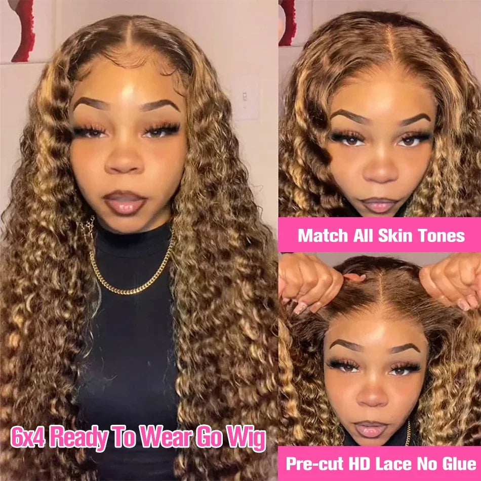 Honey Blonde Deep Water Wave 13x6 HD Lace Frontal Wig Human Hair Highlight Curly Human Hair Wigs 30 32 34 Inch