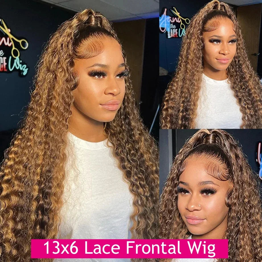 Honey Blonde Deep Water Wave 13x6 HD Lace Frontal Wig Human Hair Highlight Curly Human Hair Wigs 30 32 34 Inch