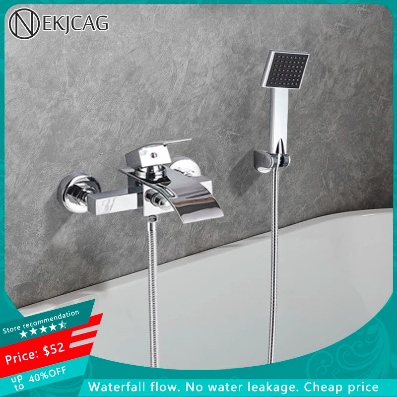 Gold Bathtub Faucet Waterfall Shower Faucet Wall Mounted Hot Cold Water Mixer With Hand Shower Set System For Bathroom