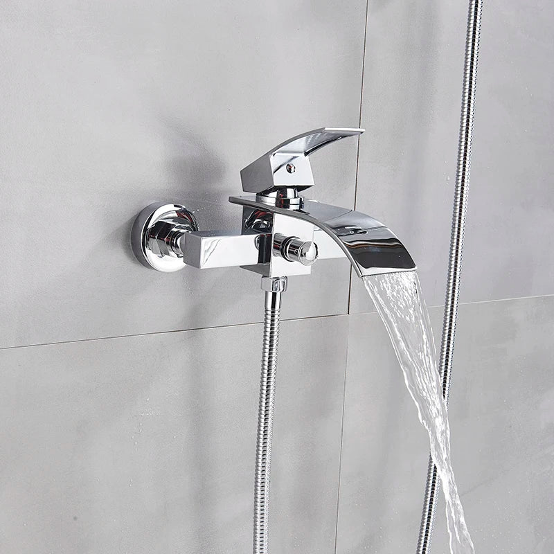 Gold Bathtub Faucet Waterfall Shower Faucet Wall Mounted Hot Cold Water Mixer With Hand Shower Set System For Bathroom