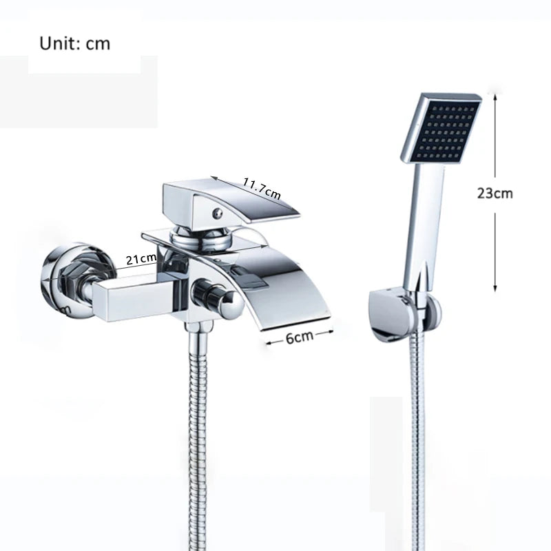 Gold Bathtub Faucet Waterfall Shower Faucet Wall Mounted Hot Cold Water Mixer With Hand Shower Set System For Bathroom