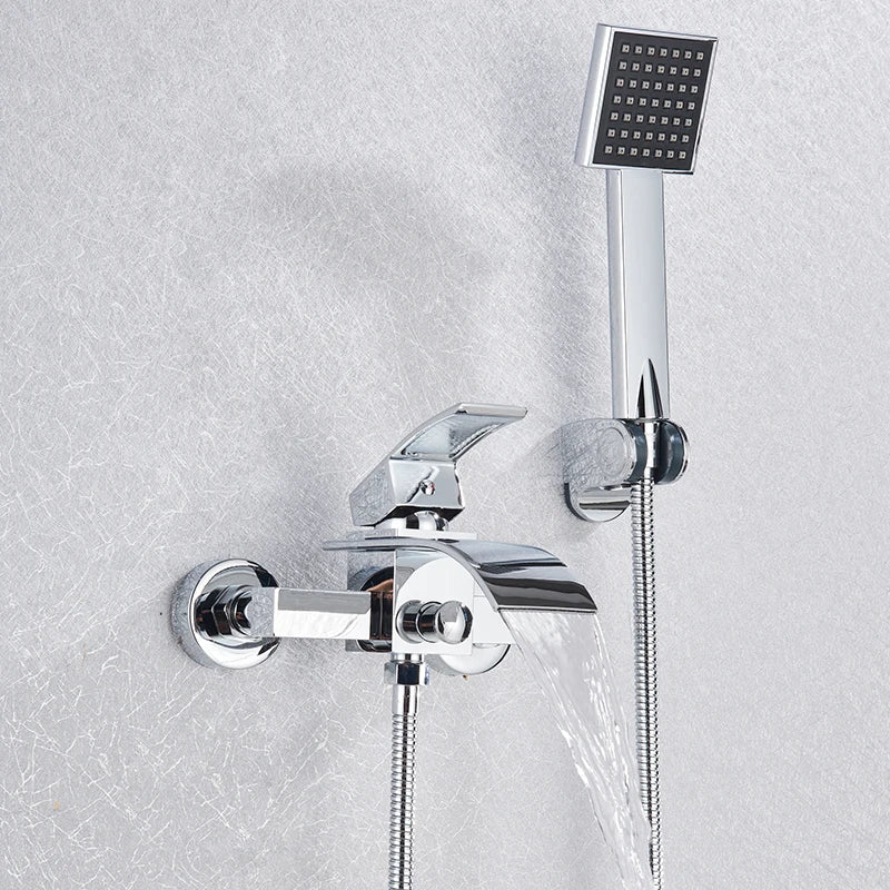 Gold Bathtub Faucet Waterfall Shower Faucet Wall Mounted Hot Cold Water Mixer With Hand Shower Set System For Bathroom