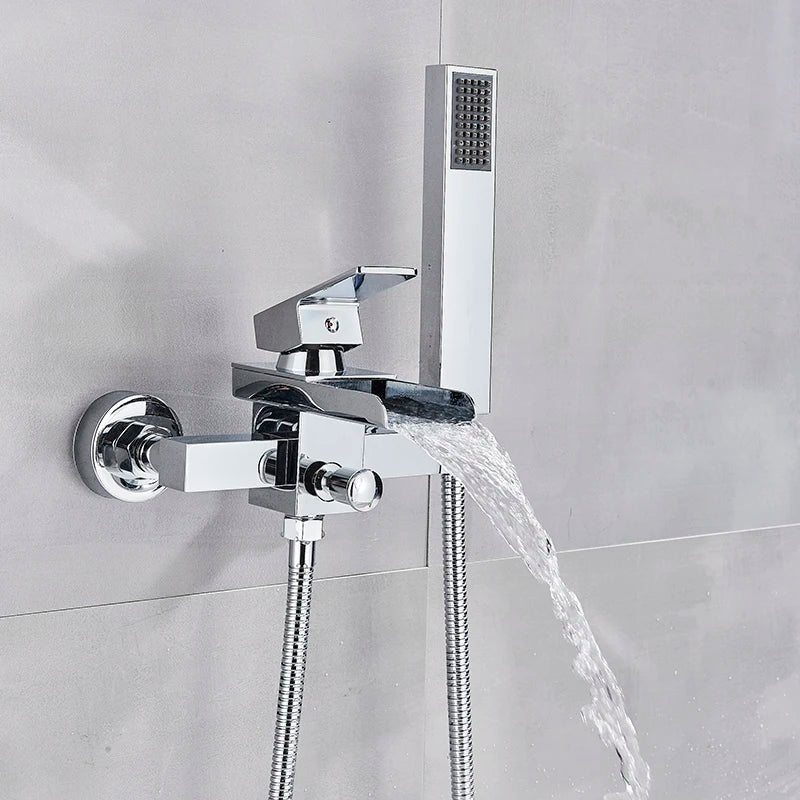 Gold Bathtub Faucet Waterfall Shower Faucet Wall Mounted Hot Cold Water Mixer With Hand Shower Set System For Bathroom