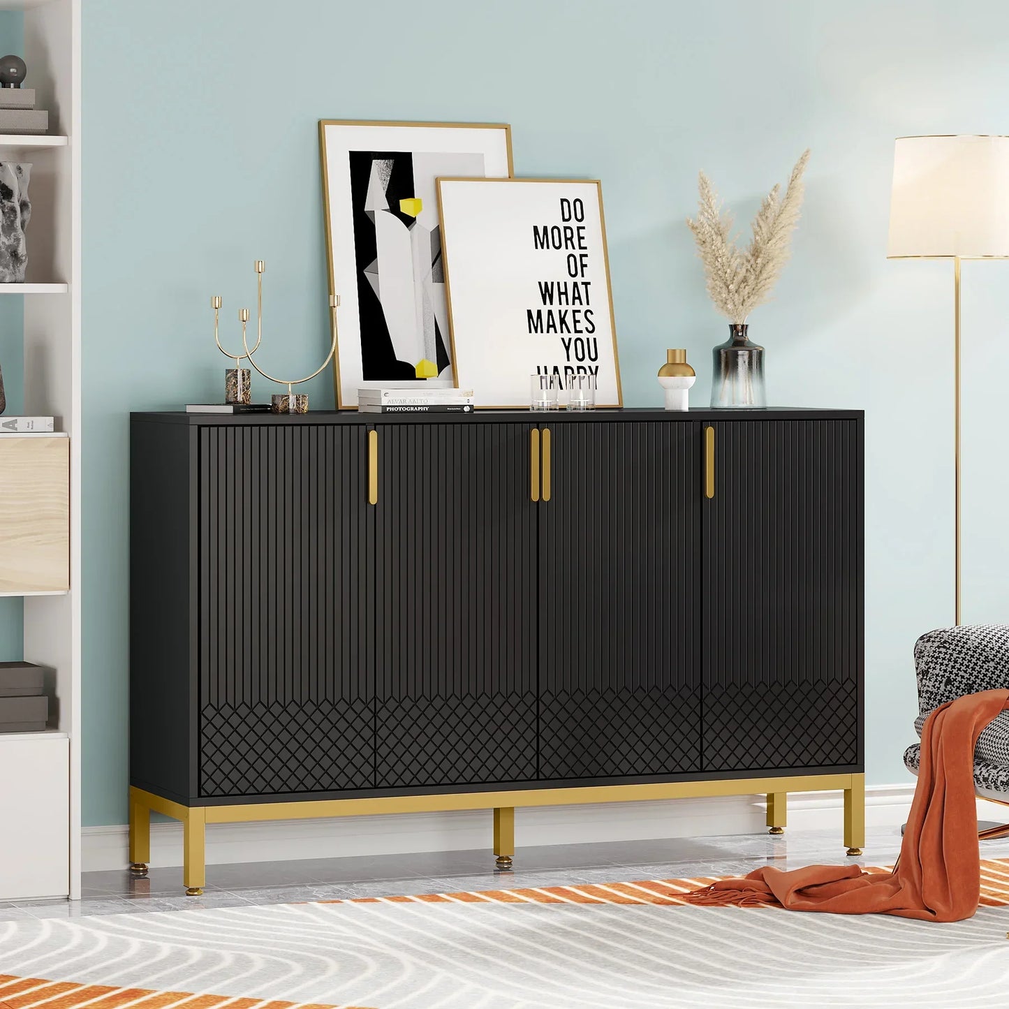 Tribesigns Black Storage Cabinet, 59 Inch Console Cabinet Sideboard Buffet Cabinet with 4 Doors, Entryway Cupboard Furniture