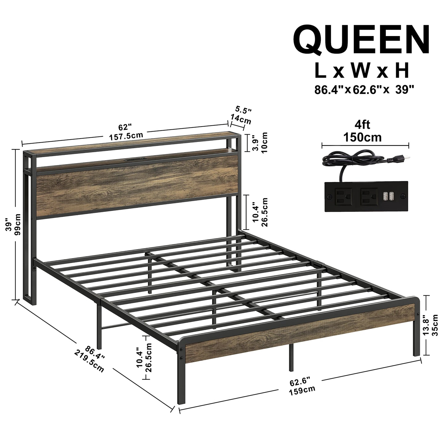 Bed Frame with Storage Headboard, Platform Bed with Charging Station, Solid and Stable, Noise Free, Easy Assembly, Walnut