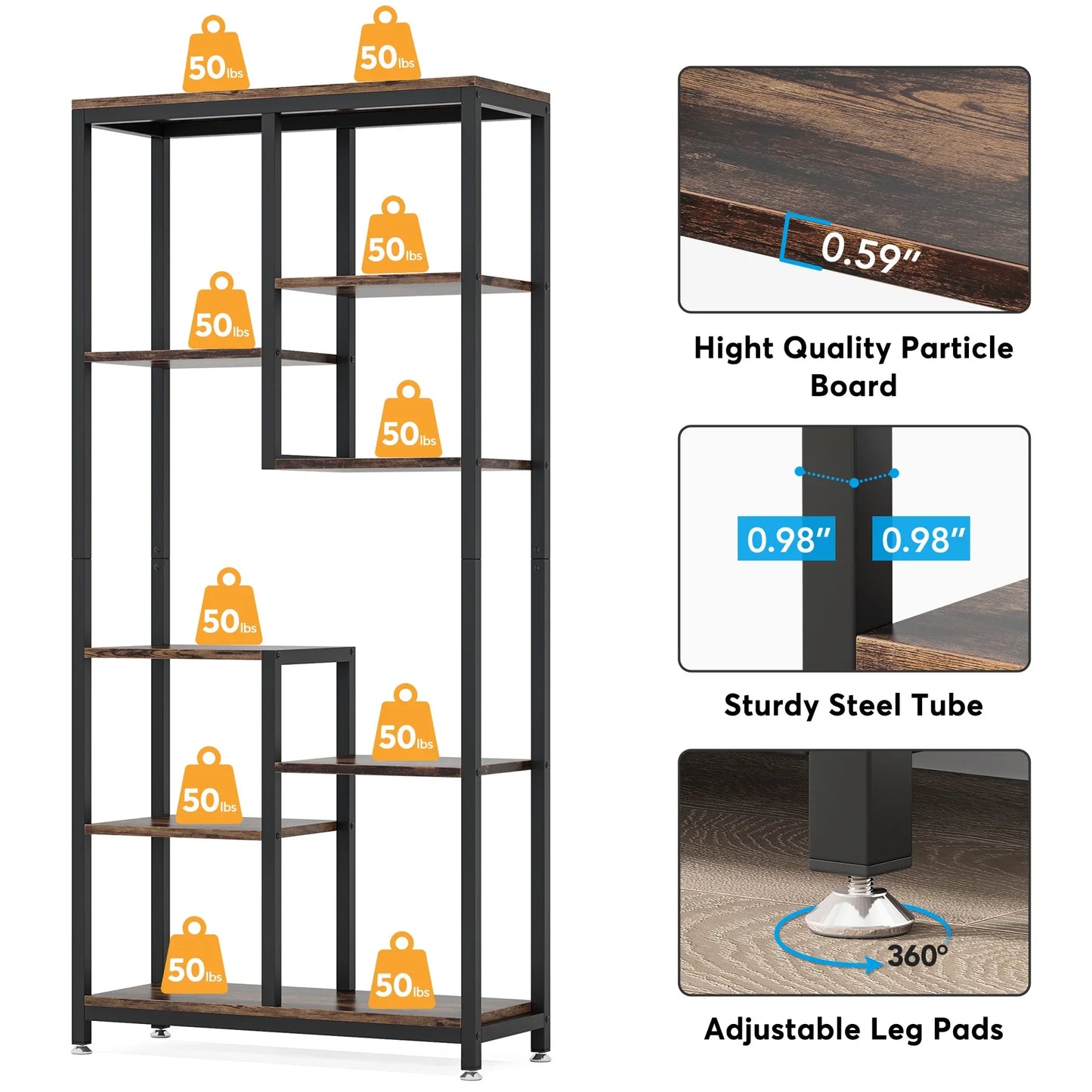 Tribesigns 6-Tier Tall Bookshelf Bookcase, Industrial 8-Shelf Open Bookcase Storage Display Book Shelves