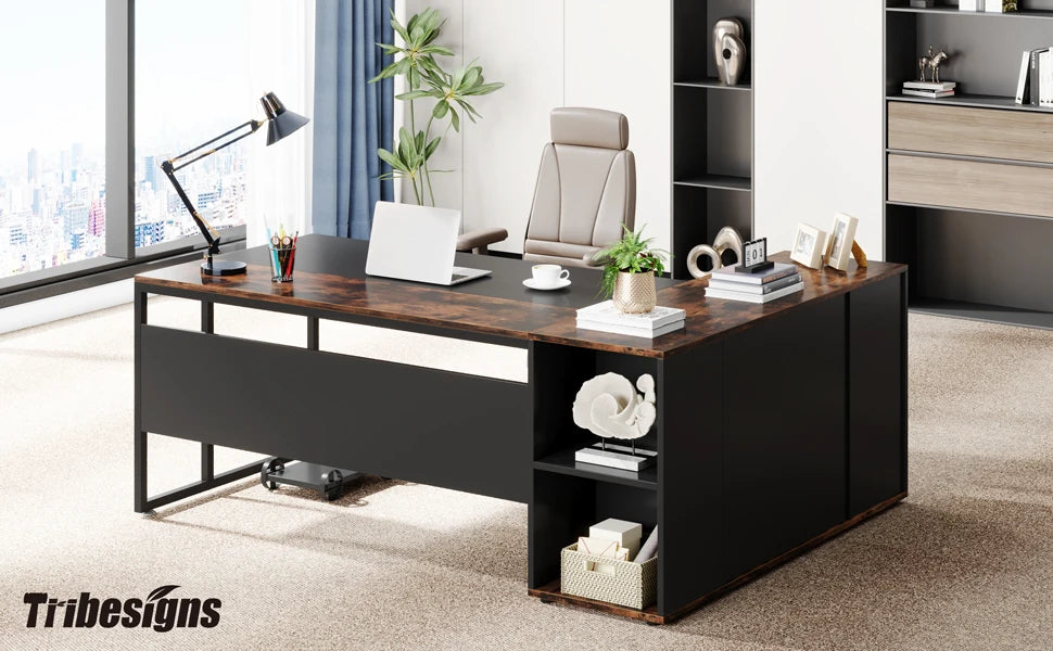 Tribesigns 71 inch Executive Desk, L Shaped Desk with Cabinet Storage, Executive Office Desk with Shelves