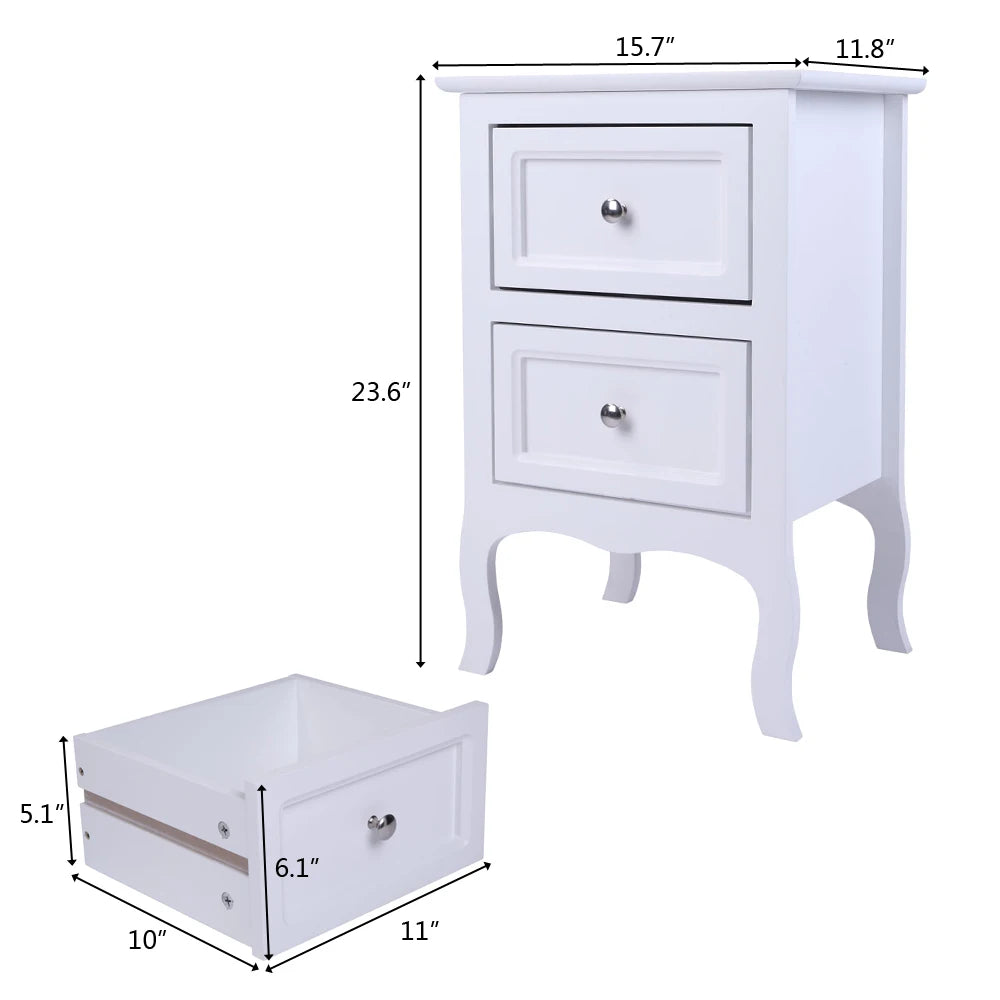 2pcs Country Style Nightstand 2-Tier Night Tables Large Size Bedside Table End Table White/Grey/Brown[US-W]