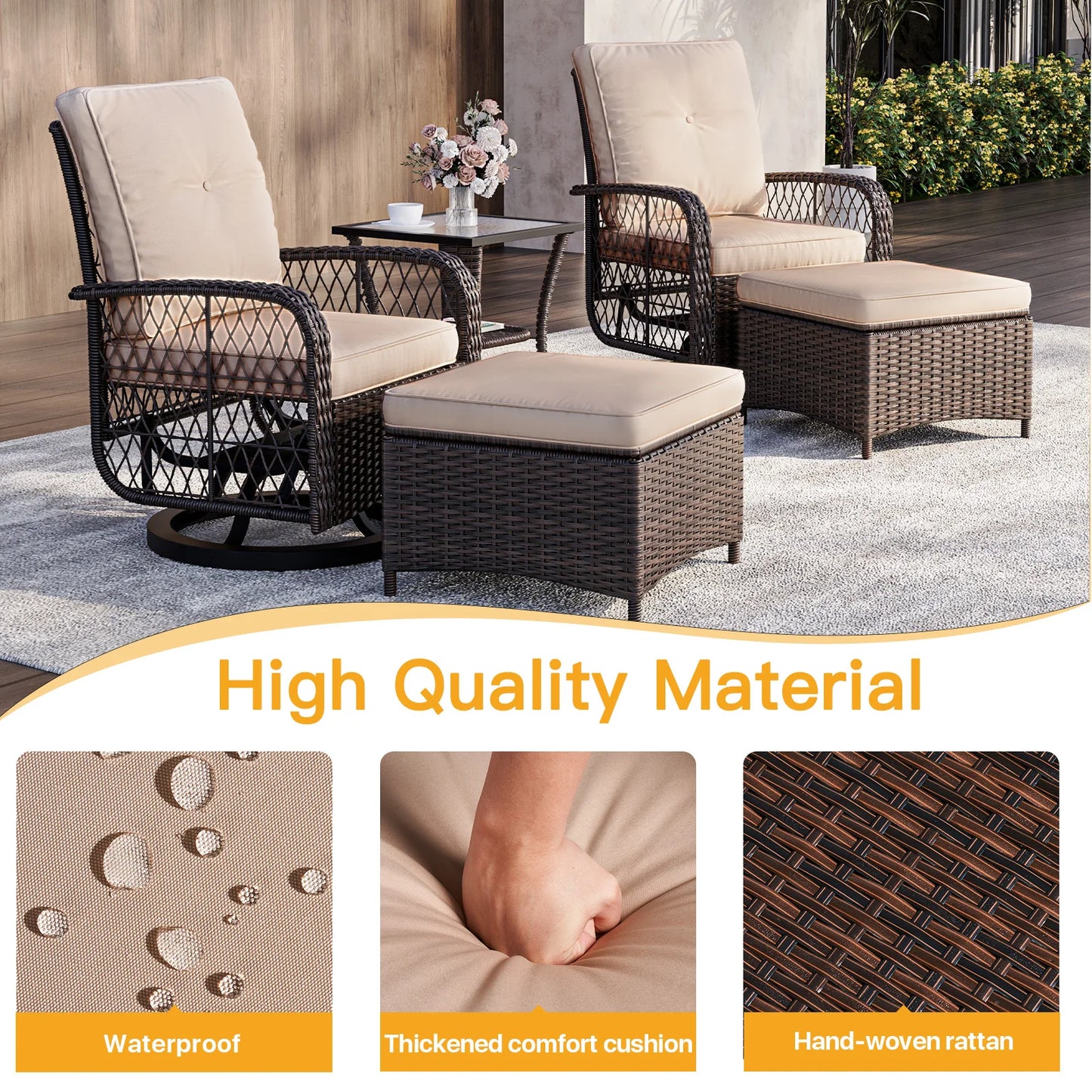 5 Pieces Patio Furniture Set Outdoor Wicker Rattan Swivel Gliders Rocker Patio Bistro Set with Rocking Chairs and Side Table