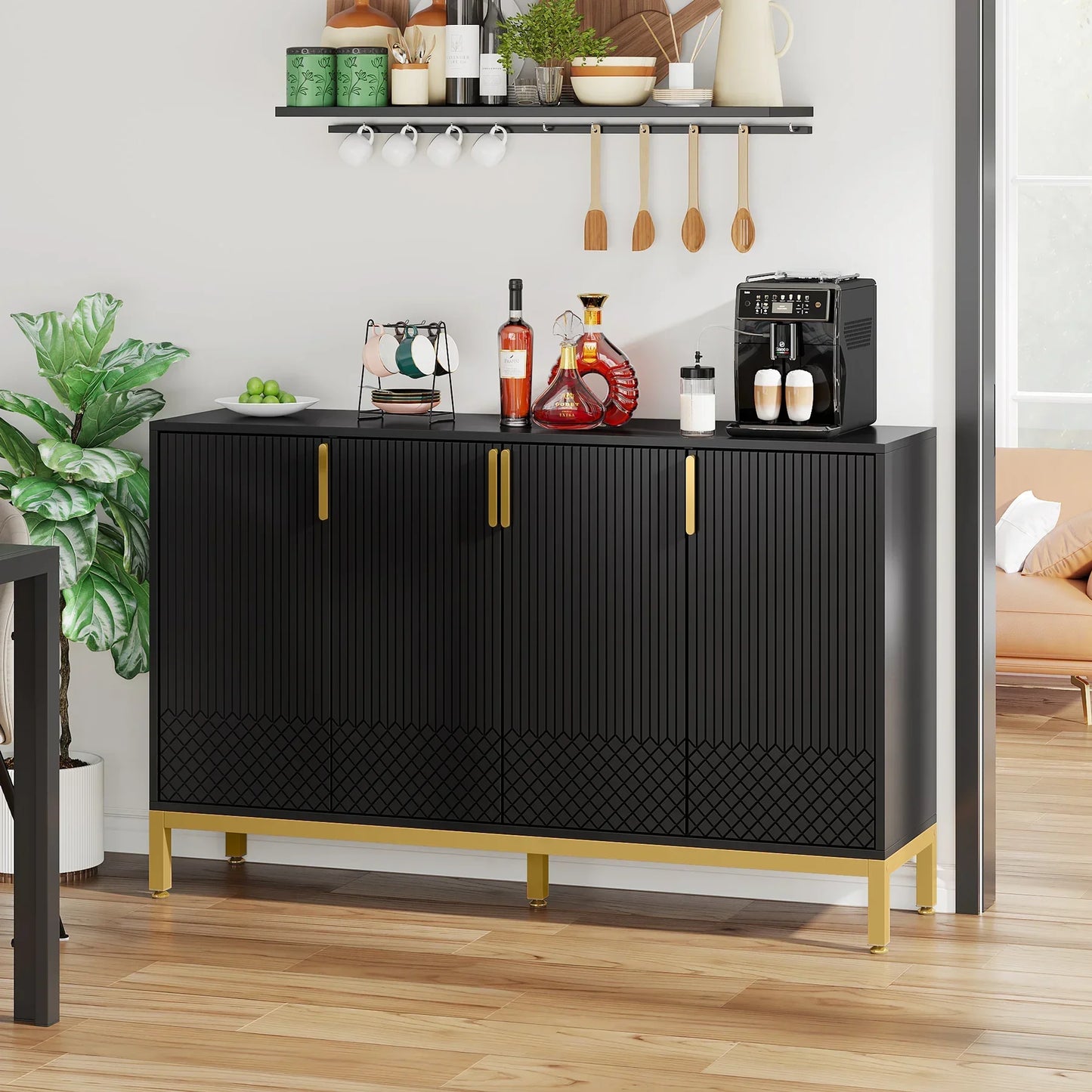 Tribesigns Black Storage Cabinet, 59 Inch Console Cabinet Sideboard Buffet Cabinet with 4 Doors, Entryway Cupboard Furniture