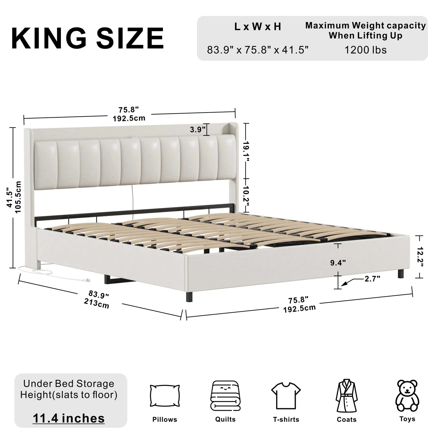 IRONCK King Size Bed Frame, Gas Lift Up Storage Bed with Power Outlets, Wooden Slat Support/No Box Spring Needed, White