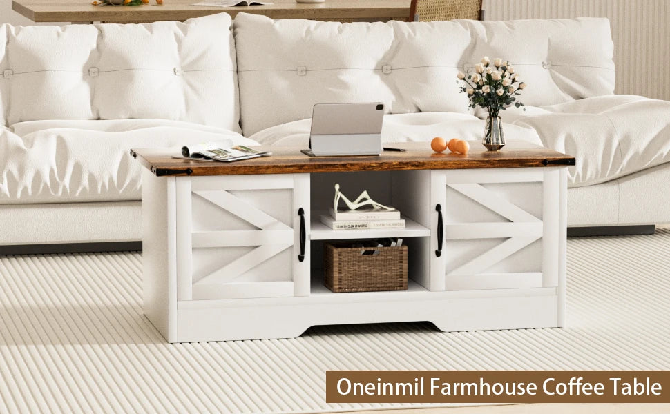 Coffee Table With Barn Doors, Farmhouse Center Table With Storage, Modern Rustic Style Wooden Living Room Table, White