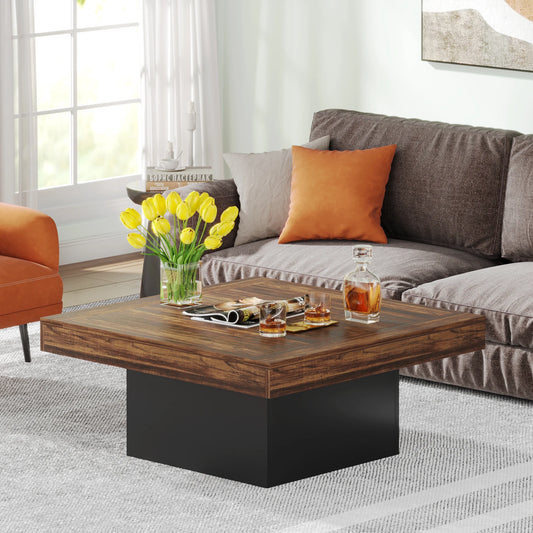 Tribesigns Coffee Table Square LED Coffee Table Engineered Wood Low Coffee Table for Living Room Rustic Brown & Black