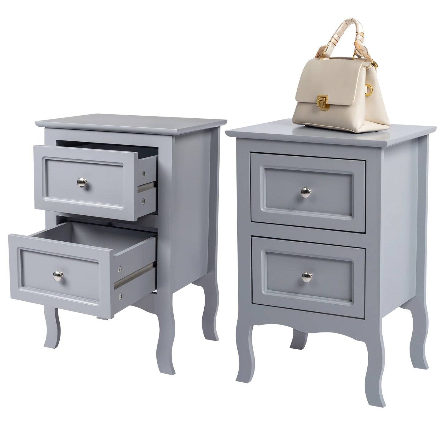 2pcs Country Style Nightstand 2-Tier Night Tables Large Size Bedside Table End Table White/Grey/Brown[US-W]