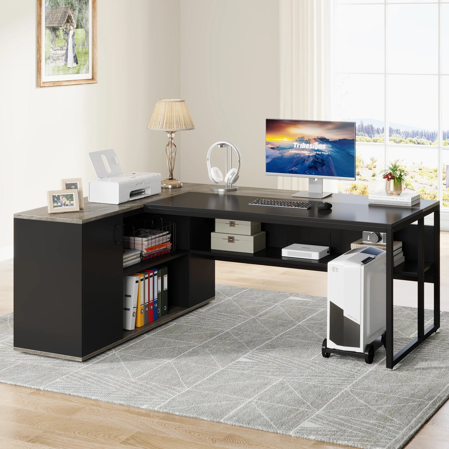 Tribesigns 71 inch Executive Desk, L Shaped Desk with Cabinet Storage, Executive Office Desk with Shelves