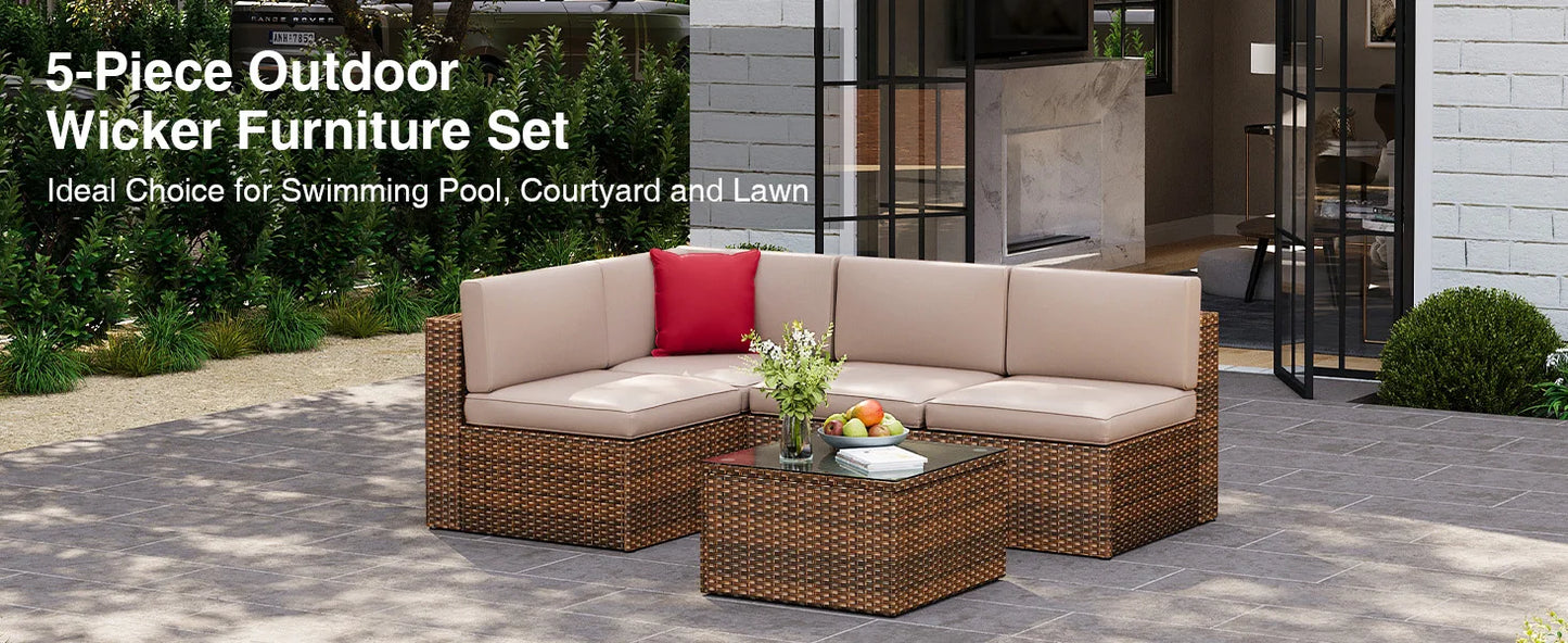 Aoxun Patio Furniture Set 5PCS Wicker Rattan Conversation Set Outdoor Sectional Sofa Set with Coffee Table (Brown)