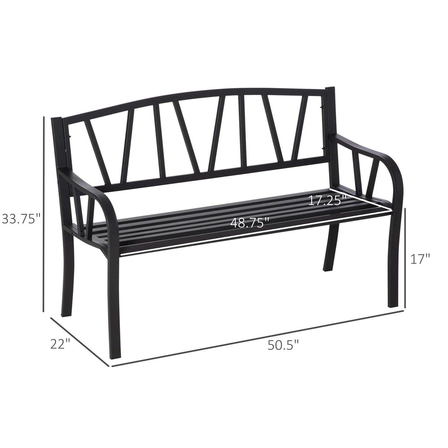 50.5" x 22" 2-Person Garden Bench w/ Ergonomic Armrests & Slatted Seat Design