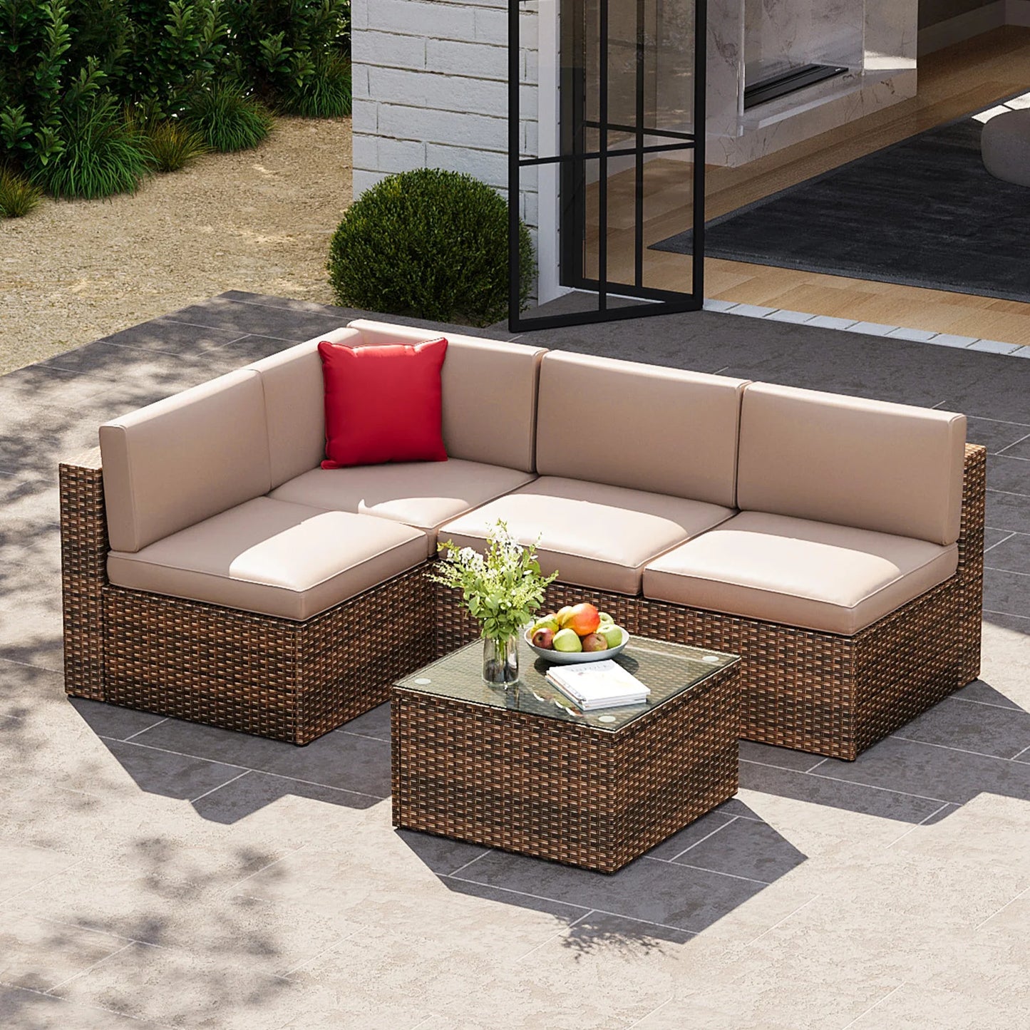 Aoxun Patio Furniture Set 5PCS Wicker Rattan Conversation Set Outdoor Sectional Sofa Set with Coffee Table (Brown)