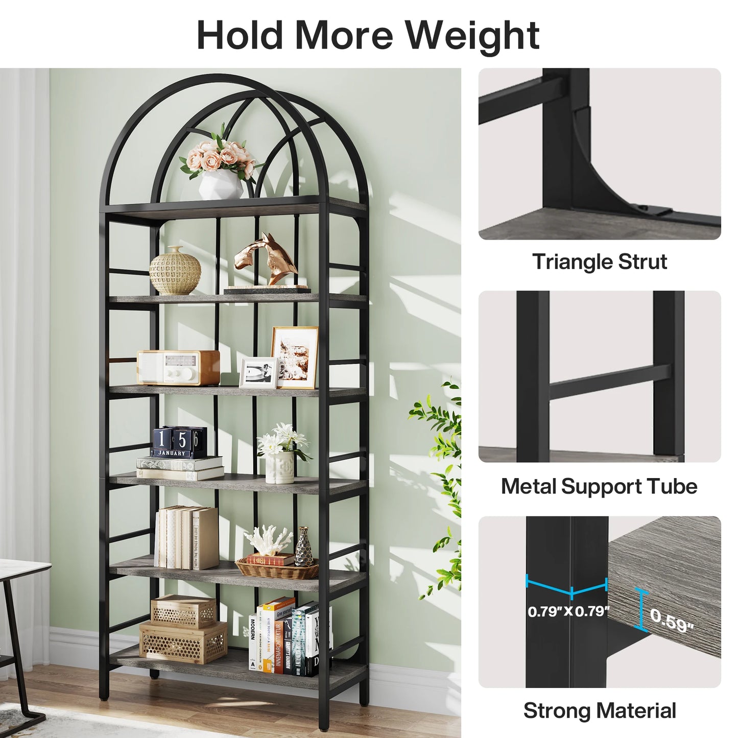 Tribesigns Bookshelf, 6-Tier Tall Arched Bookshelves, 78.7" Industrial Metal Open Bookcase and Bookshelves