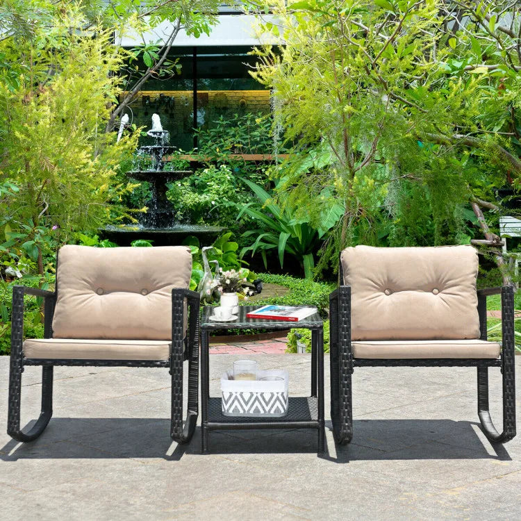 3pcs/Set Cushioned Patio Rattan Rocking Chair Table Set Sturdy Frame Exquisite Rattan Rocking Design Chair Outdoor Furniture Set