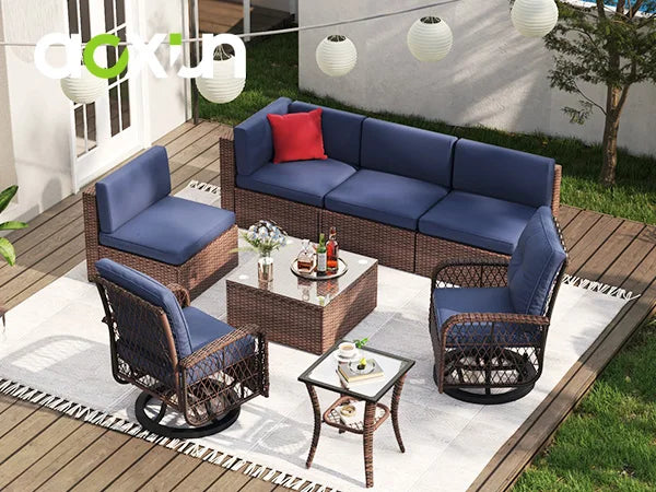 8-Piece Outdoor Patio Furniture Set -Sectional Wicker Rattan Conversation Set with Swivelling Chairswith Small physiques- Blue