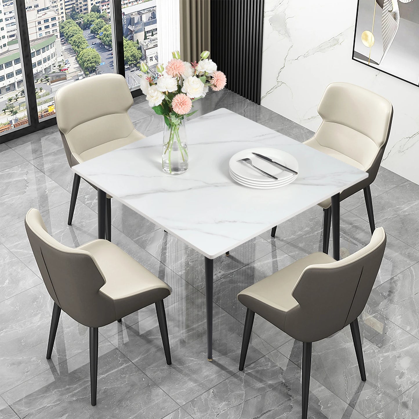 Mid-Century Slate Kitchen Dining Table with Sintered Stone Top and Metal Legs, Desk for Living Room, Dining Room