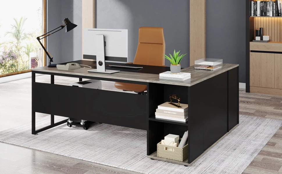 Tribesigns 71 inch Executive Desk, L Shaped Desk with Cabinet Storage, Executive Office Desk with Shelves