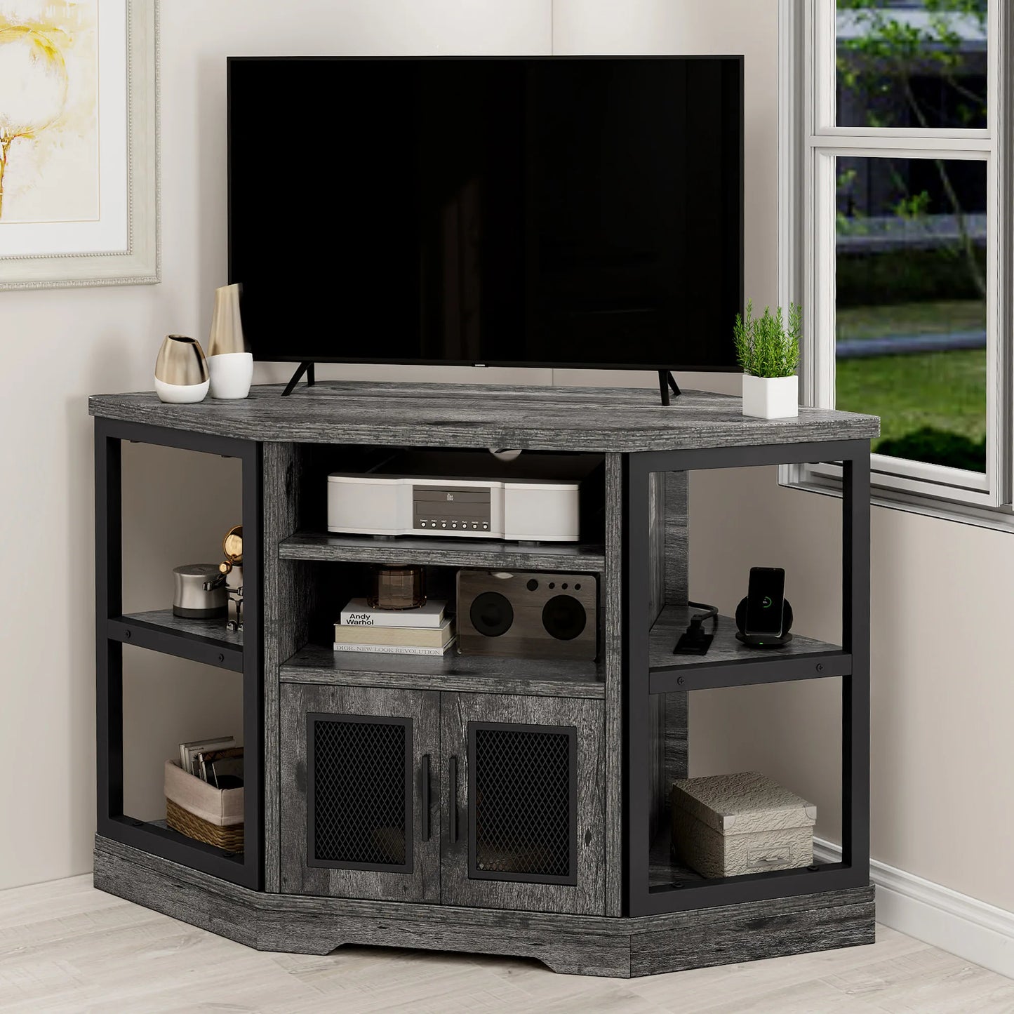 Corner TV Stand with Power Outlets For 55" TV Entertainment Center Media Console