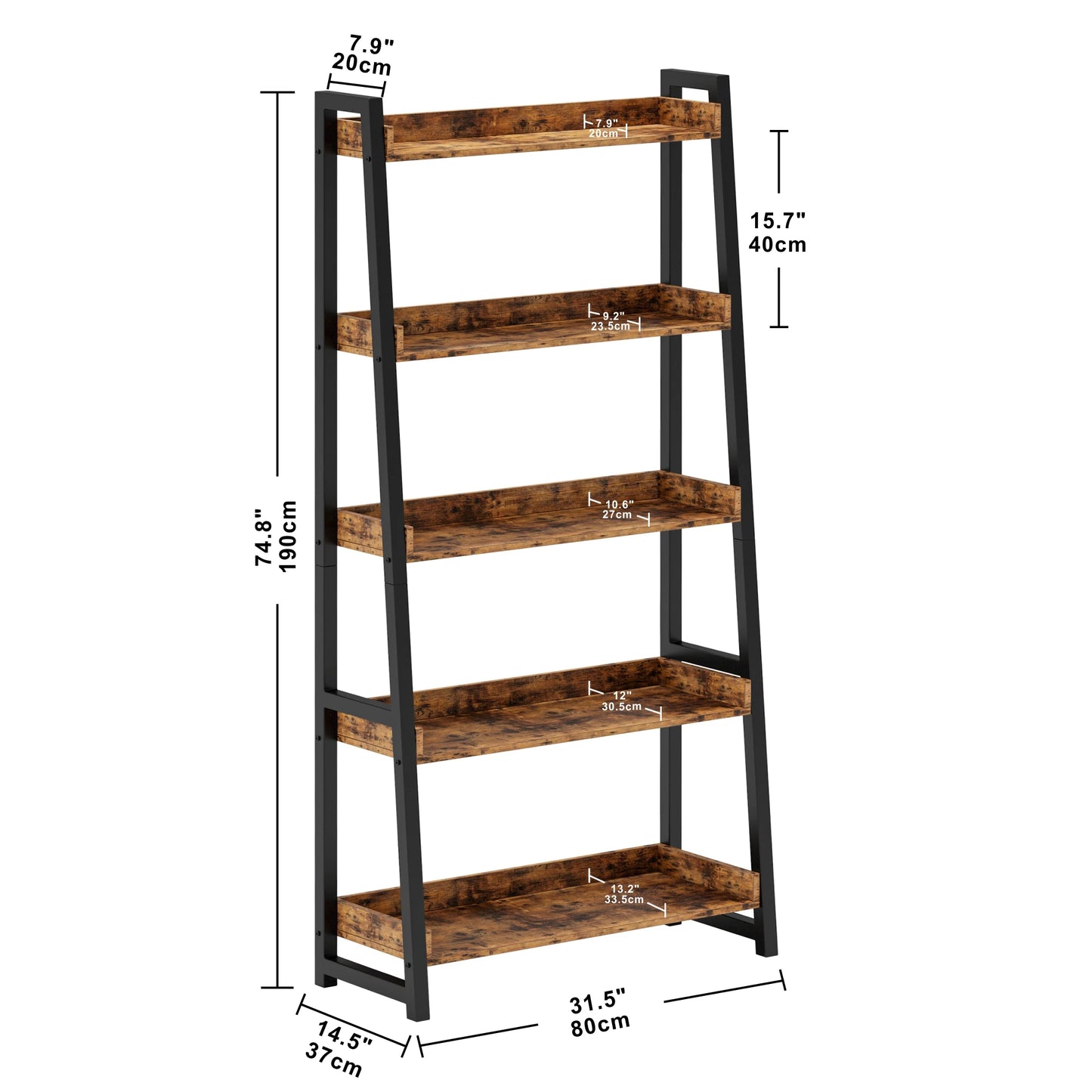 IRONCK Industrial Bookshelf 5-Tier 31.5in Wide, Bookcase Ladder Shelf, Storage Shelves Rack Shelf Unit, Accent Furniture Metal F