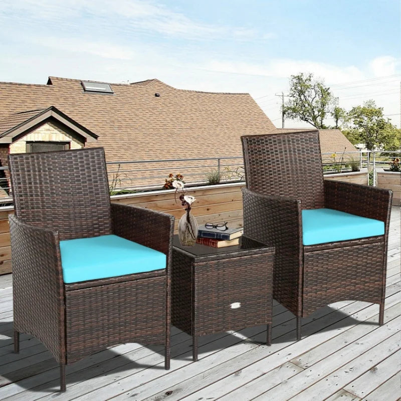 3 pcs Patio Cushioned Rattan Converstaion Set With Glass Table Top Humanized Design All-weather Furniture Set for Outdoor Life