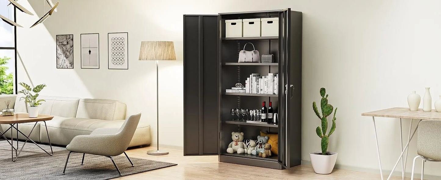 Metal Storage Cabinet, 72" Black Locking Storage Cabinets with Doors and 4 Shelves, Steel Lockable File Cabinet Metal Locker