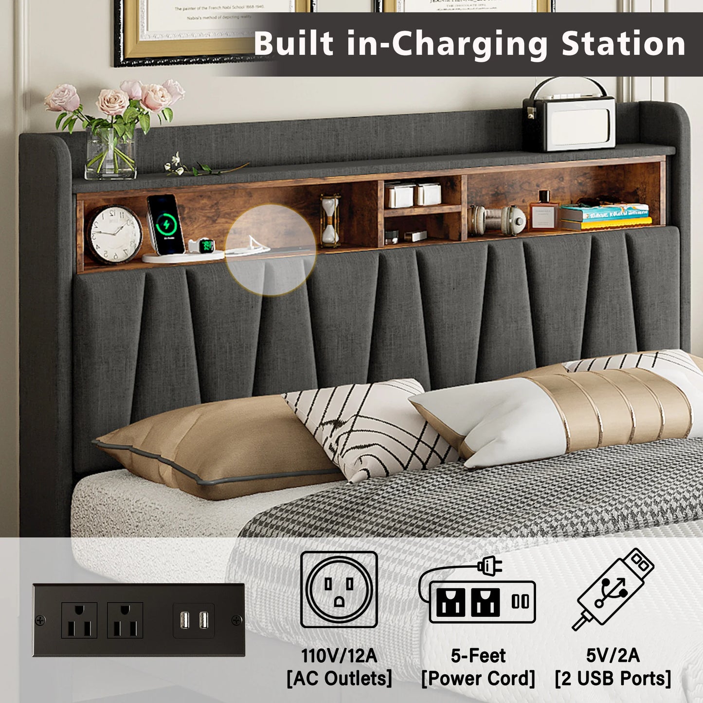 ANCTOR Full Bed Frame with Charging Station, Full Size Bed Frame withb Storage Headboard, Modern Upholstered Platform Bed