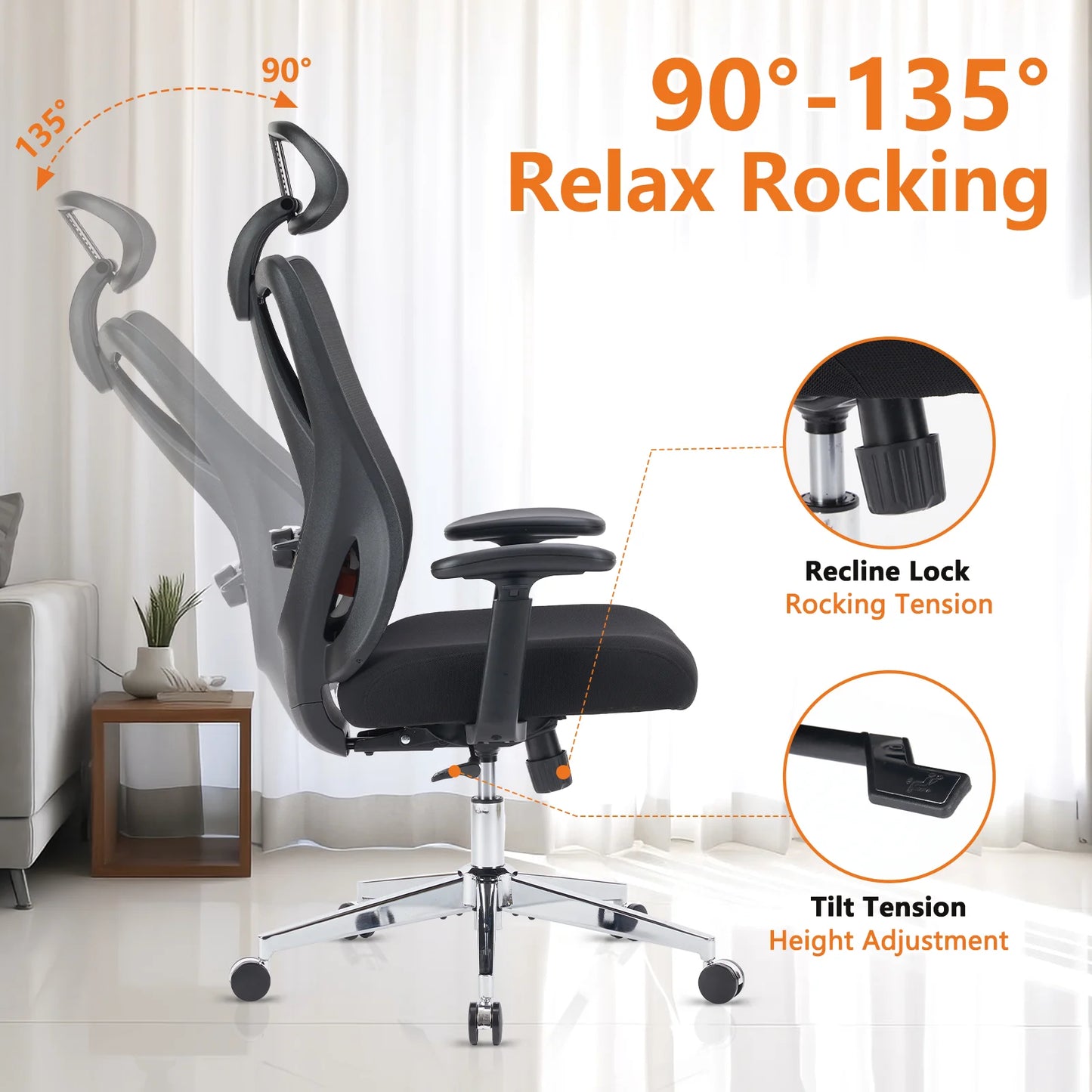 JHK Ergonomic Lumbar Support Mesh Backrest Office Chair Adjustable Height Headrest Breathable Back Rolling Swivel Gaming Chairs