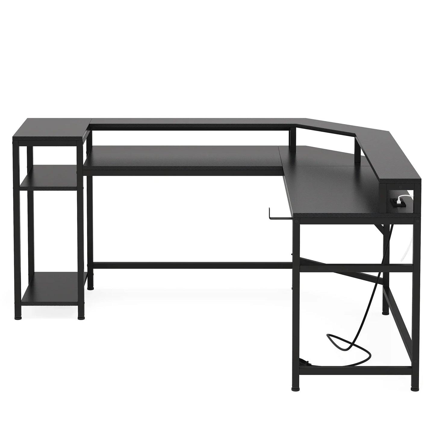 Tribesigns Black Gaming Desk with Power Outlets & LED Strips, L-Shaped Computer Desk with Storage Shelves, Writing Desk