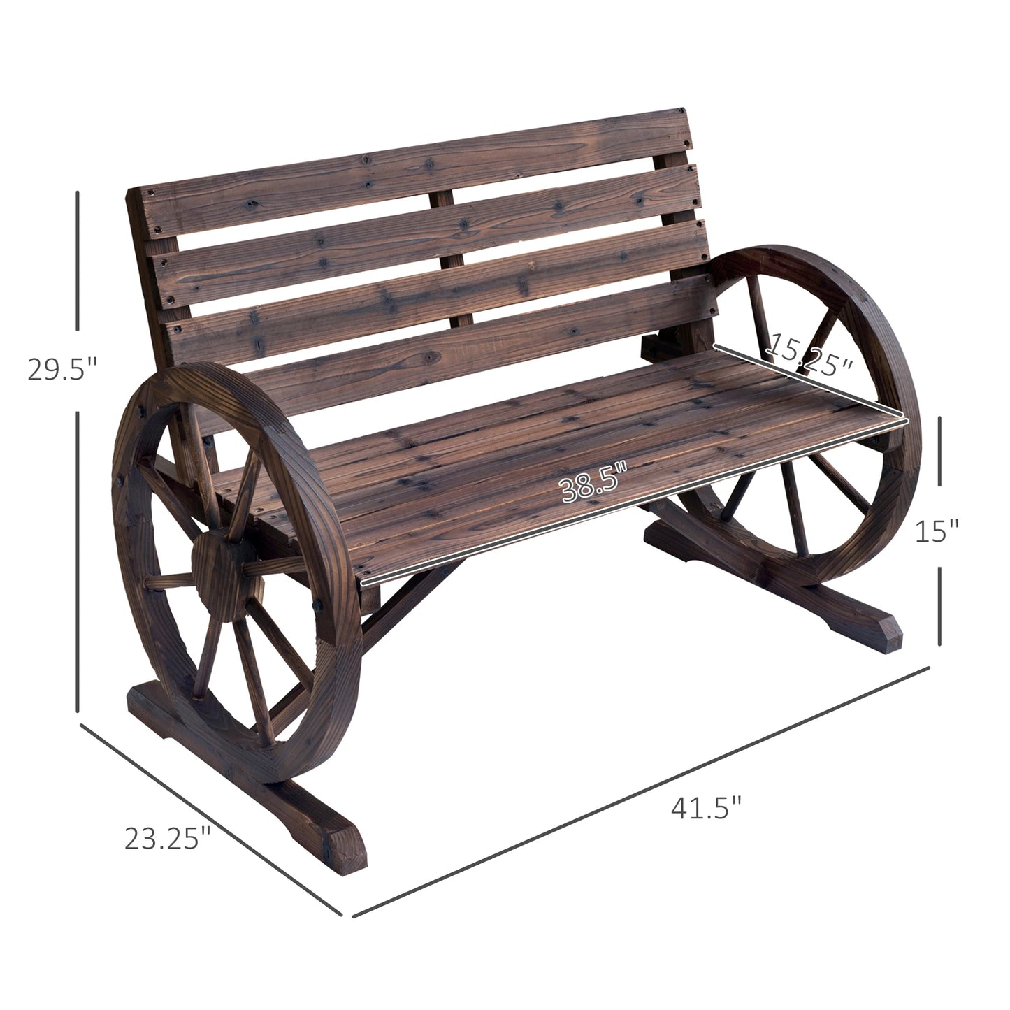 Wagon Wheel Bench, Wooden Outdoor Garden Accent Chair Loveseat, Carbonized