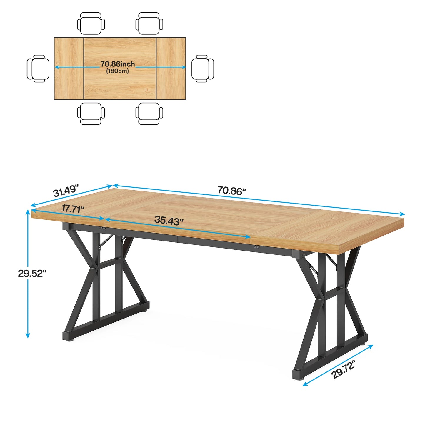 Tribesigns Dining Table for 6 People, 70.8-Inch Rectangular Wood Dining Table, Rustic Kitchen Table with Heavy Duty Metal Legs