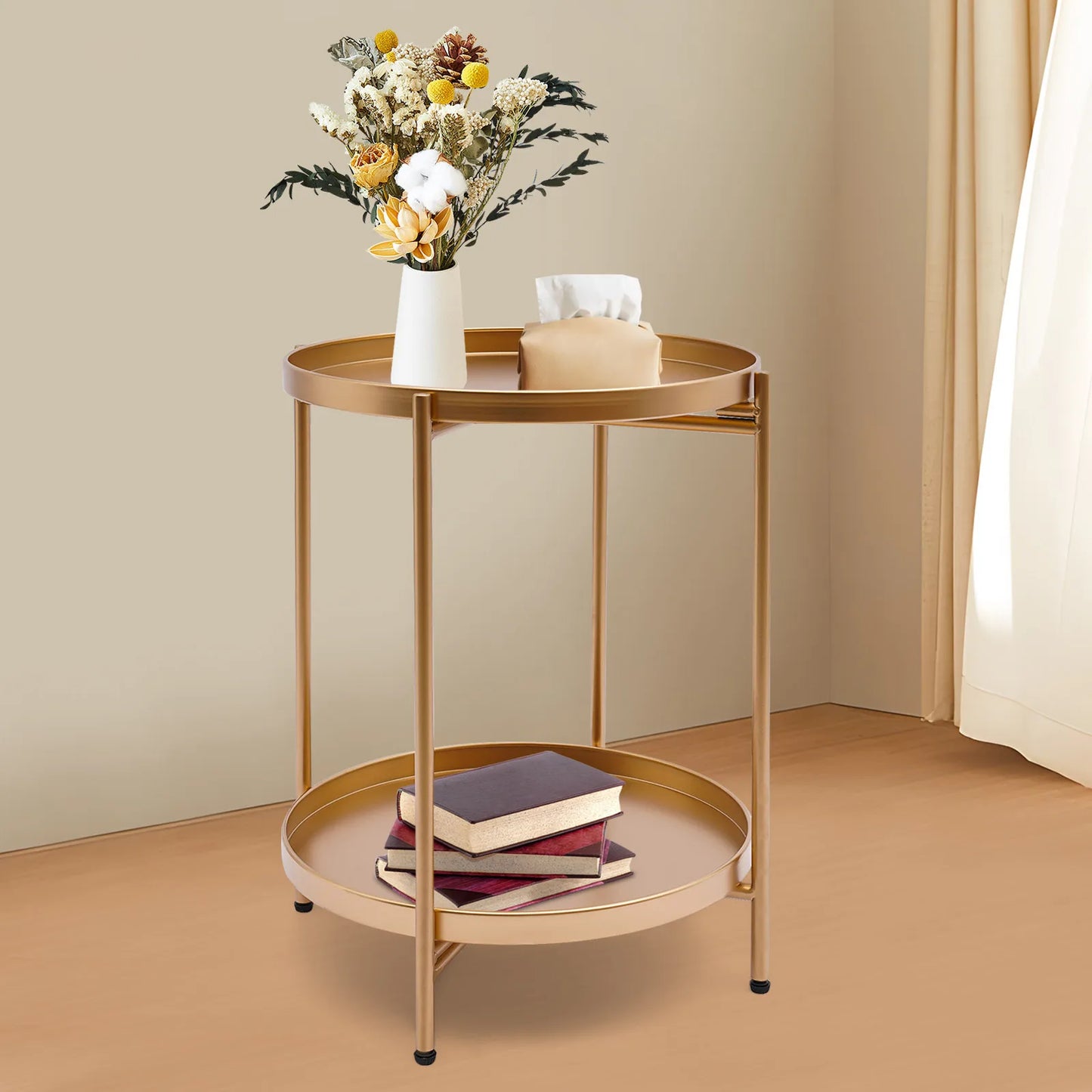 Outdoor or Home 2 Tier Round Gold Side Table Used as a Dining Table Bedroom Nightstand Garden or Camping Table Outdoor Furniture