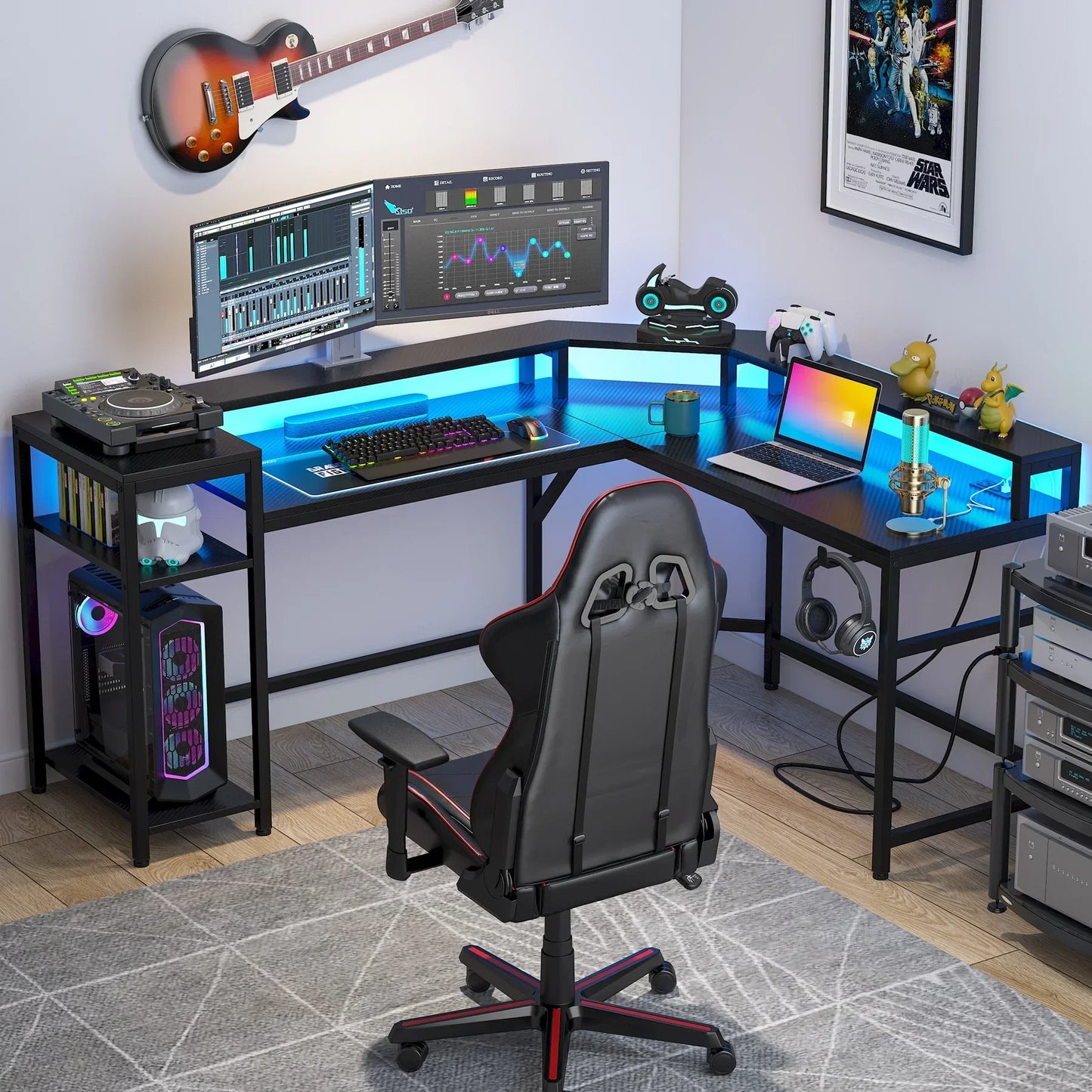 Tribesigns Black Gaming Desk with Power Outlets & LED Strips, L-Shaped Computer Desk with Storage Shelves, Writing Desk