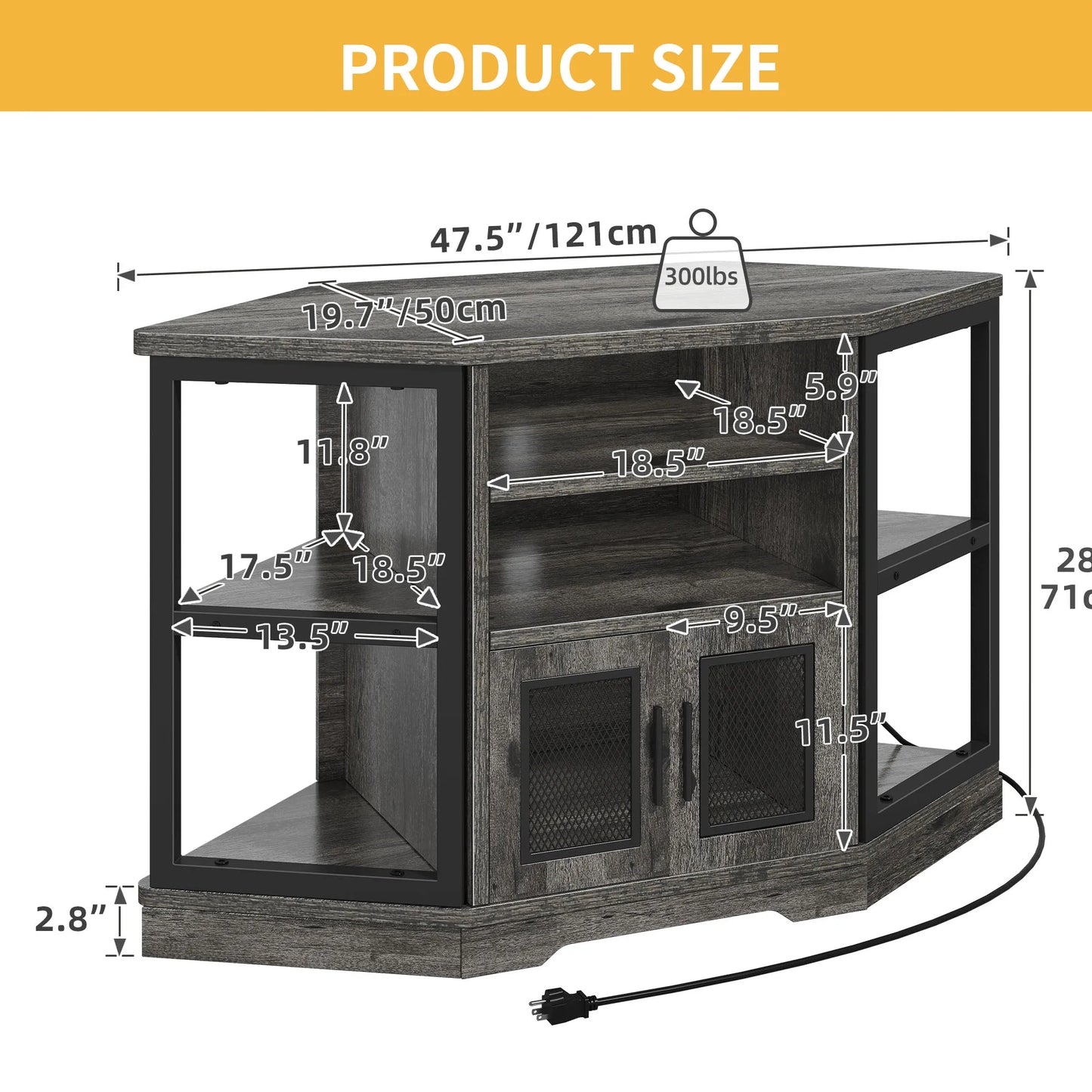 Corner TV Stand with Power Outlets For 55" TV Entertainment Center Media Console