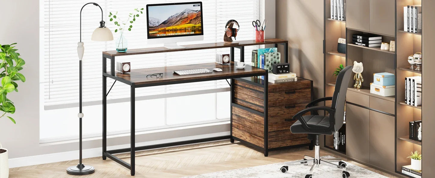 Tribesigns 63 Inch Computer Desk with File Drawer Cabinet, Ergonomic Office Desk with Monitor Stand, Industrial Computer Table